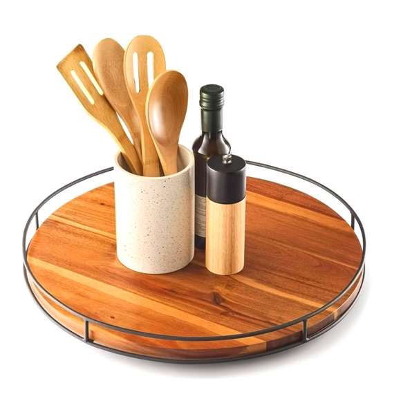 18" Acacia Wood Lazy Susan Turntable with MetalFrame -Large Brown NEW - Picture 1 of 6
